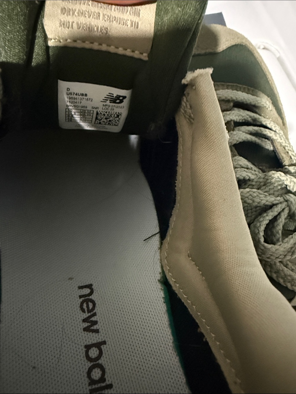 New Balance Olive and Tan “Green Beige” Retro 574 Sneakers with Burgundy Accent - Picture 5 of 5